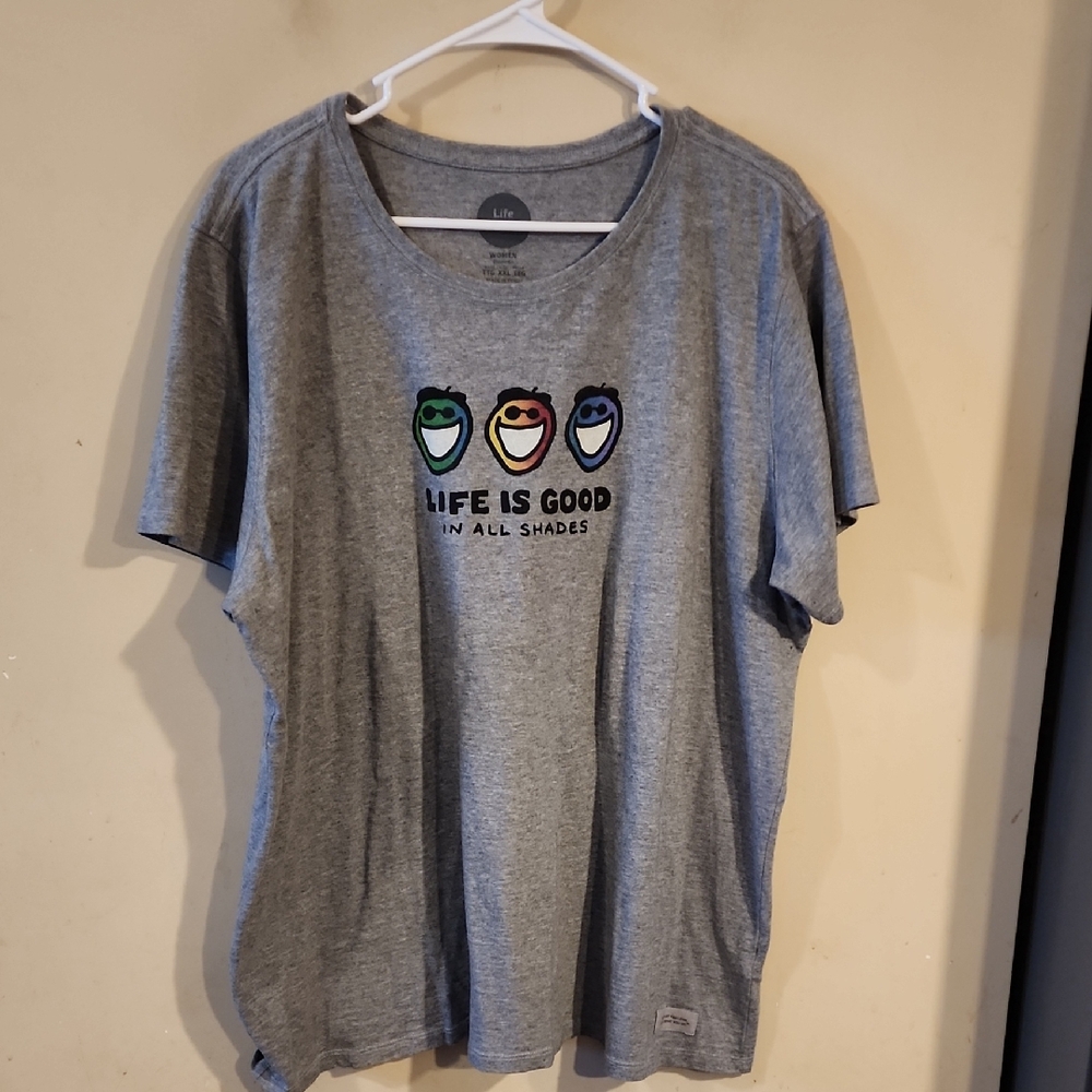 Life Is Good Gray Tee with Colorful Faces